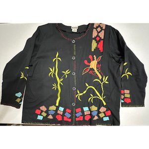 Marisol VTG‎ Black Cotton Embroidered Giraffe Bamboo Button Front Jacket Top 2X